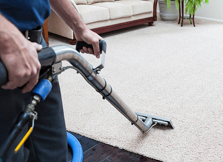 A professional carpet cleaner uses a carpet shampooing machine to make old carpet look like new.
